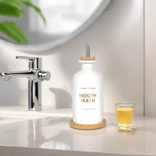 Mouthwash Dispenser for Bathroom 11.8oz – Glass Mouthwash Bottle with Cup & Bamboo Tray, Gold Hot-Stamped Lettering, Nordic Style Countertop Accessory, White Bathroom Accessories (White) - Image 2