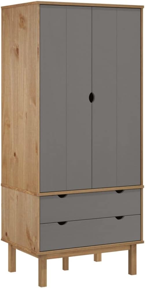 Compact Brown Wardrobe with 2 Drawers and Large Compartment, Solid Pine Wood - Image 3