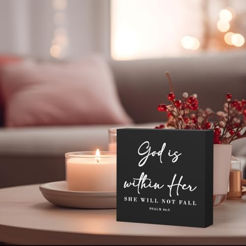 God Is Within Her Bible Verse Artwork Black Wood Box Sign Rustic Farmhouse Style Psalm 46 : 5 Christian Wood Block Plaque 5 X 5 Inches Home Office Desk Sign Decor for Presents - Image 3