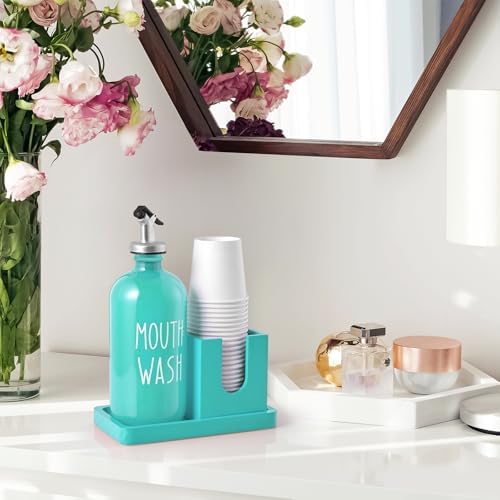 Turquoise Mouthwash Dispenser for Bathroom, 16 OZ Glass Mouthwash Dispenser with Wood Cup Holder and Tray, Mouth Wash Bottle Container, Teal Kitchen Bathroom Decor and Accessories - Image 7