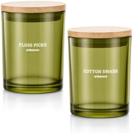 2 Pack Glass Qtip Holder Dispenser Set - Q Tip Holder for Bathroom Canister Qtip Dispenser with Lid for Cotton Balls, Swabs, Floss Picks, and Makeup Sponges ,Olive Green,Large Capacity - Image 6