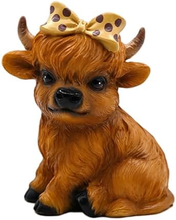 Highland Cow Figurine for Tie a Bow Decor, Highland Cows Themed Gifts for Women, Resin Figures Home Desk Decorations Accents (Brown) (1, Highland Cow Figurine(Brown)) by Sengocis