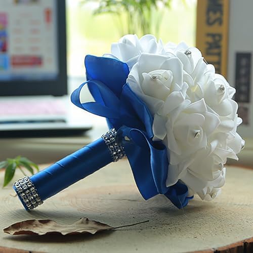 Wedding Bouquets for Bride, Bridal Flowers for Wedding, Bride Bridesmaid Hand Flowers Bridal Bouquet Crystal Diamond Silk Roses, Artificial Flowers Bouquet for Church Wedding Party (Blue) - Image 7