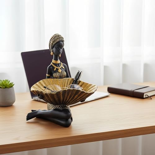 Lescafita African Lady Decorative Bowl Statue Black Gold Figurine - Image 5