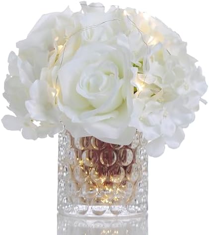 Rose Silk Flower Arrangement Artificial Vivid Rose in Glass Vase with LED Light Elegant Centerpiece for Home Wedding Bathroom Table Shelf Decoration (Pure White) by GreenHouzz