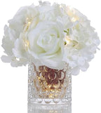 Rose Silk Flower Arrangement Artificial Vivid Rose in Glass Vase with LED Light Elegant Centerpiece for Home Wedding Bathroom Table Shelf Decoration (Pure White) by GreenHouzz