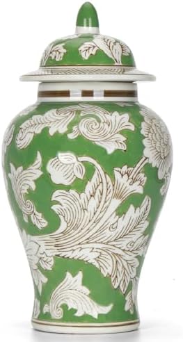 11″ Green Ginger Jar Traditional Peony Temple Jar Home Accent Piece by ChangSong
