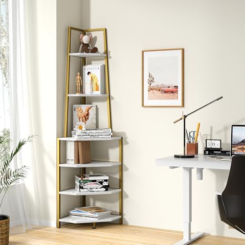 VECELO 6 Tier Corner Shelf 69 Inch Industrial Bookshelf with Metal Frame, Multipurpose Tall Plant Stand with Opening Display Shelves for Living Room, Bedroom, Home Office, Small Space, Gold - Image 3