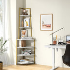VECELO 6 Tier Corner Shelf 69 Inch Industrial Bookshelf with Metal Frame, Multipurpose Tall Plant Stand with Opening Display Shelves for Living Room, Bedroom, Home Office, Small Space, Gold - Image 3