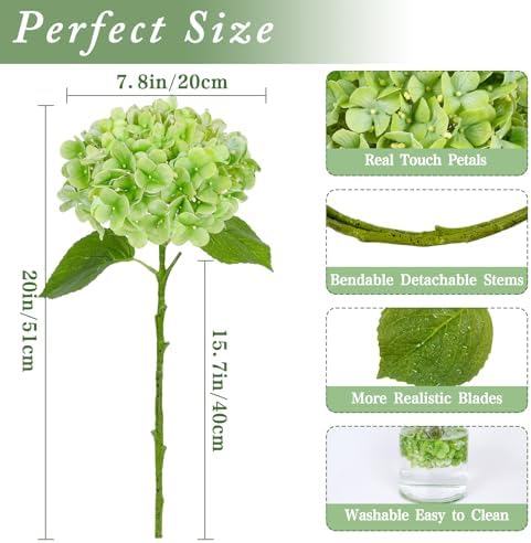 Waipfaru Hydrangea Artificial Flowers, 4PCS Real Touch Flowers, 20" Faux Hydrangea Flowers, Latex Real Touch Hydrangeas, Fake Flowers for Home Decor Party Bouquet Wedding Decoration, Green - Image 2