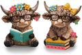Wesiti 2 Highland Cow Figurines with Glasses Books, Resin Reading Desk by Wesiti
