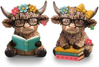 Wesiti 2 Highland Cow Figurines with Glasses Books, Resin Reading Desk by Wesiti