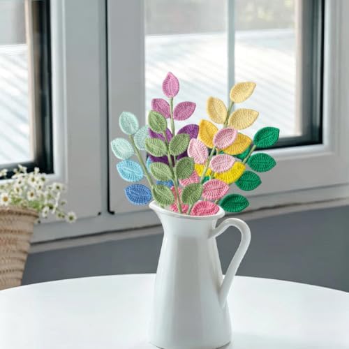 6 Pcs Handmade Crochet Colorful Leaf Bouquet with Long Stems - Image 4