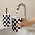 Bathroom Toothbrush Holder Set, Ceramic Checkered Soap Dispenser and Tooth Brush Holder Set, Modern Bathroom Accessories Sets Countertop, Black and White Checkered Bathroom Decor Set (Black) - Image 2