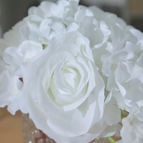 Rose Silk Flower Arrangement Artificial Vivid Rose in Glass Vase with LED Light Elegant Centerpiece for Home Wedding Bathroom Table Shelf Decoration (Pure White) - Image 6