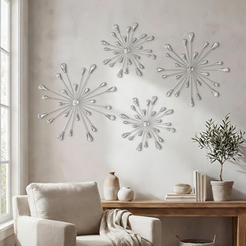 ZEXUIRU 4 Set Silver Starburst Wall Art for Home Decor Metal Bling Crystal Rhinestones Sunburst Wall Decor Sparkling Rhinestone Art Accent -Silver 13in/11.8in/9.8in/9.8in by ZEXUIRU