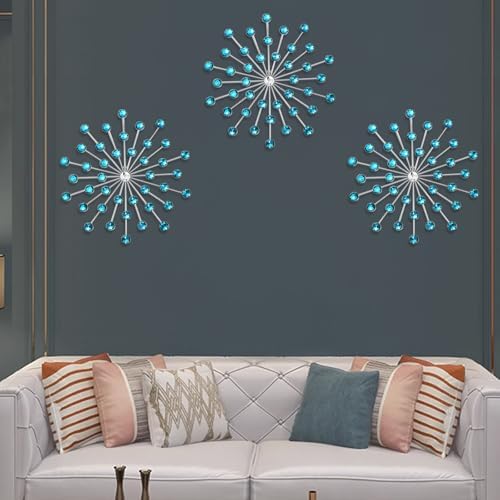 DXYAKY Set of 3 Blue Metal Starburst Wall Art Decor, Rhinestone Crystal Home Decor Accents, 9.8 Inch Decorative Wall Hanging Diamond, Jeweled Sparkle Wall Sculptures for Living Room Bedroom by DXYAKY