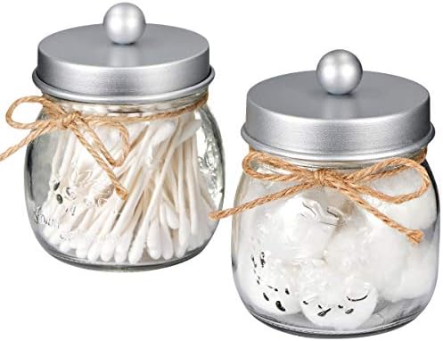 SheeChung 2 Pack Glass Mason Jar Qtip Holder Dispenser,Frosted Silver Lids by SheeChung
