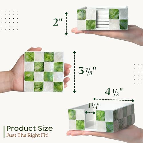 CHI AN HOME 4" Capiz Checkered Coasters Set 6 with Holder, Pistachio Green - Image 3