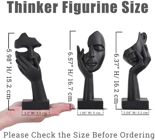 3 Pcs Thinker Small Statue Set - Black Art Abstract Home Accent Figurines for Decor Bedroom, Shelves, Living Room Coffee Table, Office Desktop (3 Pcs Black, 6") - Image 3