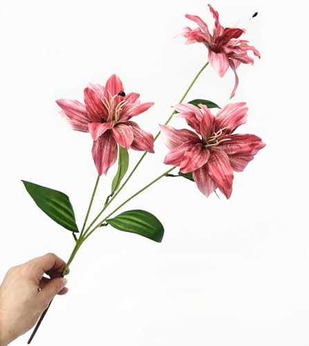 Artificial Lily Flowers, Vintage Silk Flower Long Stems Stargazer Lilies Full Bloom Lily Faux Plant Tiger Bouquets for Home Decor Indoor Hotel Wedding Party Fake Floral Arrangement - Coral Pink 4 Pack - Image 3