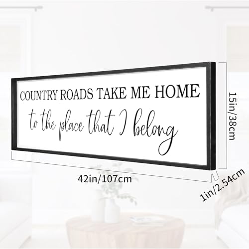 Country Roads Take Me Home Decor, 42''×15'' Large Farmhouse Country Wall Sign with Solid Wood Frame, Vintage Wall Art Western Living Room Home Decor (Black) - Image 2