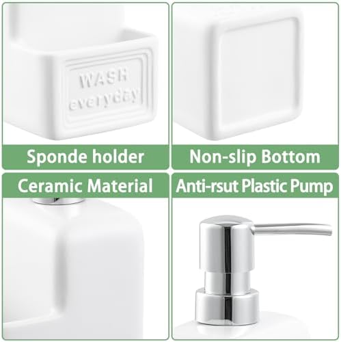RQYIXI 2-in-1 Ceramic Soap Dispenser with Sponge Holder,White,15 Oz - Image 6
