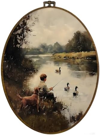 dvhdajed Mallard Duck Boy Fishing Oval Wall Art Decor,Rustic Farmhouse Duck Hunting Framed Canvas Art,Country Dog and Boy Nature Aesthetic Wall Hanging Decor for Boys Room Bedroom Bathroom,8.7x11.3 by dvhdajed