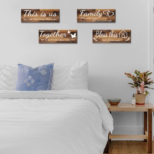 4 Pieces Home Wall Signs, THIS IS US/TOGETHER/BLESS THIS HOME/FAMILY Wall Decor For Living Room Bedroom, Rustic Wooden Farmhouse Wall Art , 4.7 x 13.8 Inch(Brown) - Image 3