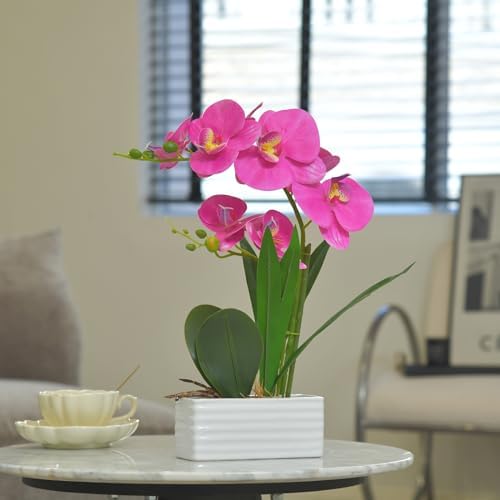 Artificial Real Touch Orchid Flowers with White Ceramic Vase, Purple Red - Image 3