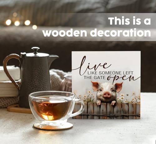 Pig Signs - Farm Cottagecore Animal Office Kitchen Bedroom Decor,Rustic Farmhouse Live like Someone Left the Gate Open Home Decor Wooden Signs,Pig Gifts for Women,8x8 - Image 2
