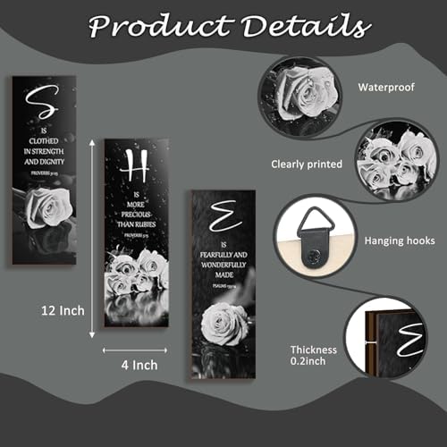 DONFENTHY 3 Pcs Black And White Bedroom Decor White Rose Wooden Wall Decor Black Grey Bathroom Decor Inspirational Farmhouse Office Sign With SHE Bible Words For Women Girl Home Decor(White 12x4Inch) - Image 4