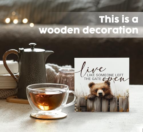 Rustic Bear Sign - Live Like Someone Left The Gate Open Wooden Box Signs, Bear Decorations For Home, Farmhouse Wood Decoration Home Decor For Desk Table Shelf 5x5 Inch - Image 2