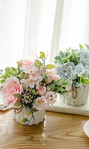TKAS Fake Flowers Arrangement in Ceramic Vase, Artificial Faux Silk Roses & Hydrangea, Small Realistic Dried-Style Floral Dining Table Centerpiece for Wedding Party Home Decoration (Pink) - Image 6