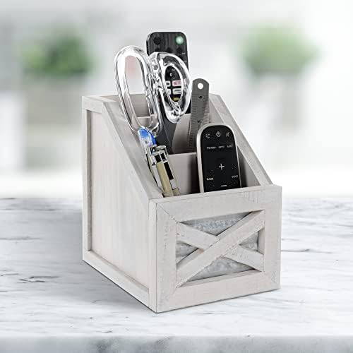 Autumn Alley Rustic Farmhouse Desk Organizer - 3-Slot Multiple Compartment Remote Control Storage Caddy, Barn Door Remote Holder - White - Image 2