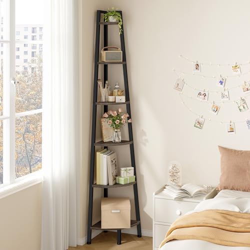 Hoctieon Corner Shelf, 6-Tier Corner Bookshelf, Rustic Ladder Shelf, Industrial Display Stand for Living Room, Kitchen, Home Office, Balcony, Small Space, Metal Frame, Grey - Image 6
