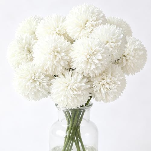 Tinsow 12PCS Artificial Ball Chrysanthemum Faux Flowers Bouquet White by Tinsow
