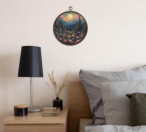 Moonlit Pine Tree Moon Round Wall Art, Full Moon Wall Decor, Woodland Round Artwork for Wall, Wild Flower Circular Wall Decor with Hanging Hook Home Bedroom Living Room Bathroom Kitchen Office, 9 - Image 6