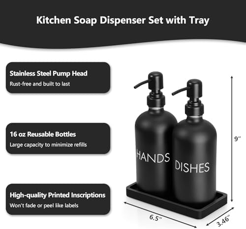 Black Dish and Hand Soap Dispenser Set - Glass Kitchen Soap Dispenser with Tray and Stainless Steel Pump - for Black Kitchen Decor and Accessories - Image 3