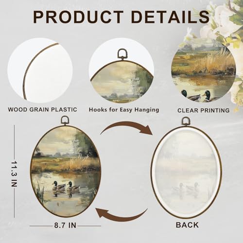 dvhdajed Vintage Mallard Duck Oval Wall Art Decor, Rustic Farmhouse Ducks Framed Canvas Art, Rustic Cottagecore Mallard Duck Oval Wall Hanging Decor for Nursery Bedroom Living Room, 8.7x11.3 Inch - Image 7