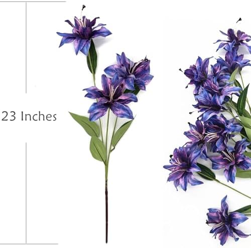 Artificial Lily Flowers, Fake Silk Flower Long Stem Artificial Stargazer Lilies with Full Bloom Faux Tiger Bouquets for Home Decor Wedding Party Hotel Floral Arrangement DIY Decoration – Purple 4 Pack - Image 5