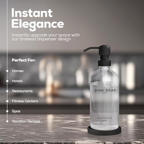 Glass Dish Soap Dispenser for Kitchen Sink by Brighter Barns - Modern Kitchen Soap Dispenser Set with Tray and Stainless Steel Pump - Minimalist Home Decor for Rental Properties, Restaurants (Clear) - Image 2