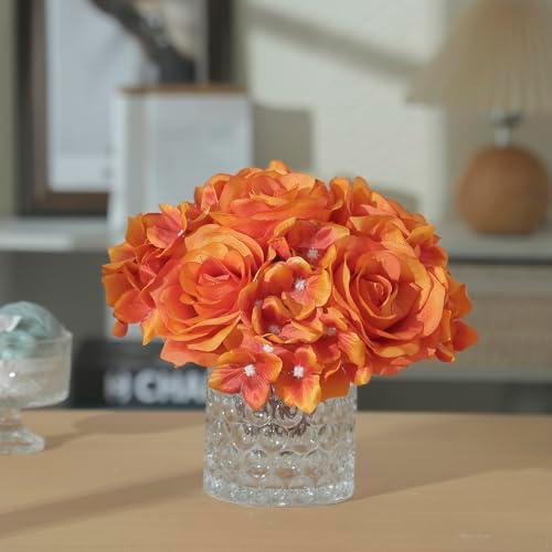 Rose Silk Flower Arrangement Artificial Vivid Rose in Glass Vase with LED Light Elegant Centerpiece for Home Wedding Bathroom Table Shelf Decoration (Orange) - Image 5