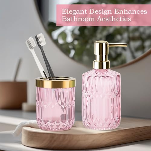 RRM Glass Bathroom Toothbrush Holder and Soap Dispenser Set, Pink - Image 5
