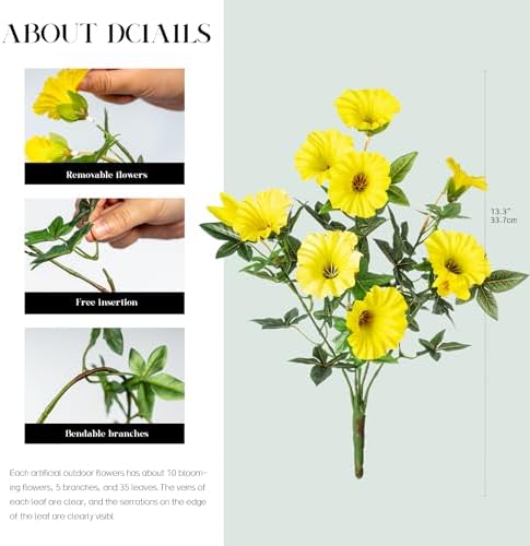Yellow Artificial Morning Glory Flowers for Outdoor Planters, Premium UV Resistant Silk Faux Flowers for Porch, Hanging Basket & Window Box, Spring Garden Decor, No Pot, 13.3 Inch, 8 Bundles - Image 2