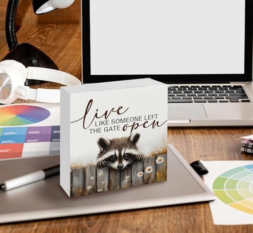 Raccoon Sign - Live Like Someone Left The Gate Open Wooden Box Signs, Raccoon Decor, Farmhouse Trash Panda Wood Decoration Home Decor For Desk Table Shelf 8x8 Inch Decorative Signs & Plaques - Image 5