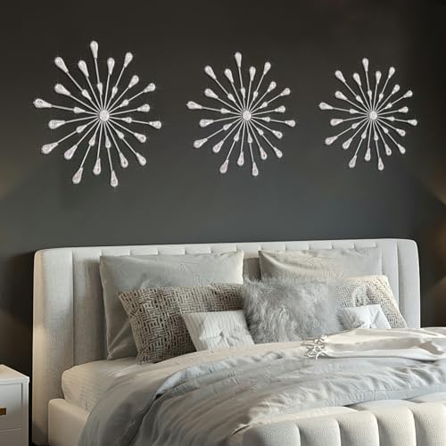 ZEXUIRU 3 Set Silver Starburst Wall Art for Home Decor Metal Bling Crystal Rhinestones Sunburst Wall Decor Sparkling Rhinestone Art Accent Silver - 13in - Image 3