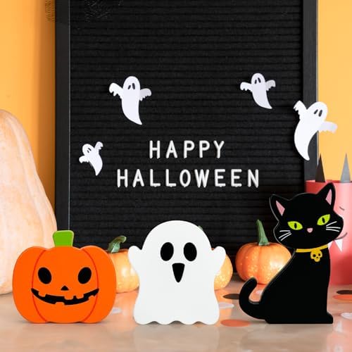 Halloween Decorations for Indoor Home 3 Pcs, Cute Wooden Pumpkin Ghost Black Cat Decor for Tabletop Tiered Tray, Halloween Centerpiece Sign for Desk Fireplace Office Shelf Farmhouse Rest Bathroom Dorm - Image 3