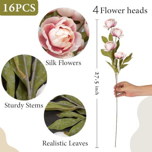 GIAUMA 16 Pcs 27" Faux Silk Peony Artificial Flowers Stems for Vase - Image 2