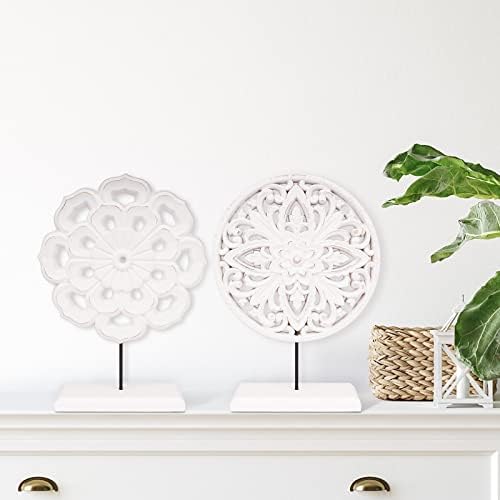 AXEARTE 2 Pack Wooden Carved Cutout Flower Medallion Sculpture, Rustic Distressed White MDF Statues Home Tabletop Decor, Decorative Ornaments for Living Room, Bedroom, Office Desktop, Cabinets - Image 6